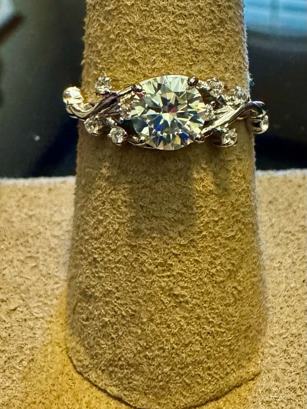 Silver Floral Vine Ring with 1.0 ct Moissanite center stone.